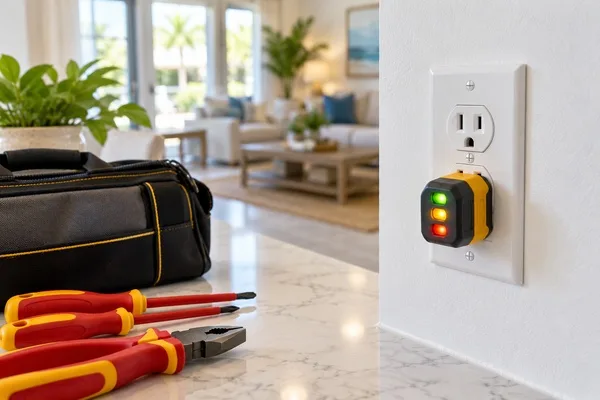 Outlet tester plugged into a wall socket beside insulated tools and an electrician's bag in a bright home.