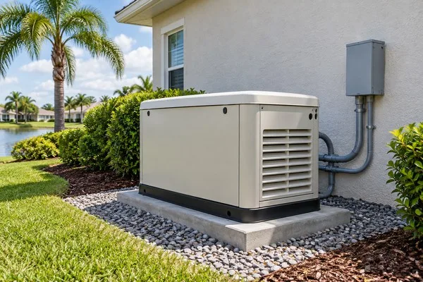 Standby generator on a concrete pad beside a stucco home, with electrical conduit and tropical landscaping.